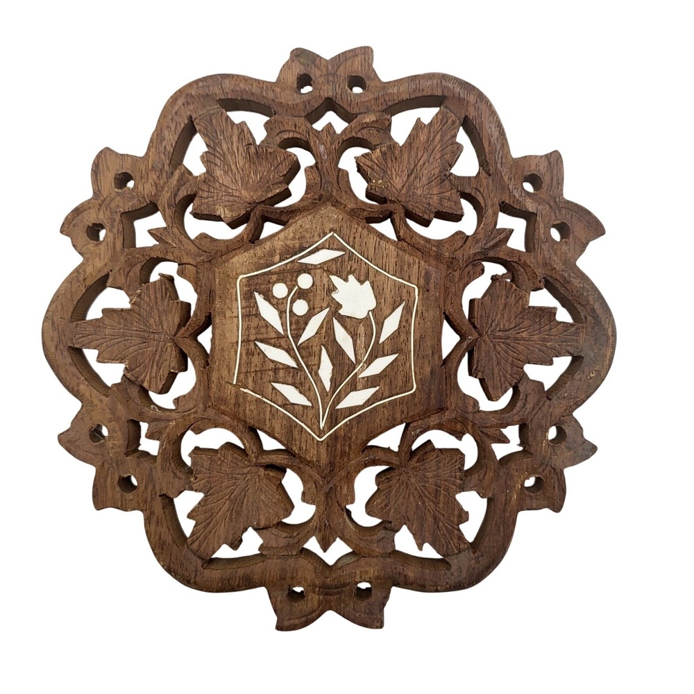 Hand Carved Wooden Trivet India‎ Kitchen Hot Pad Vintage Boho Chic